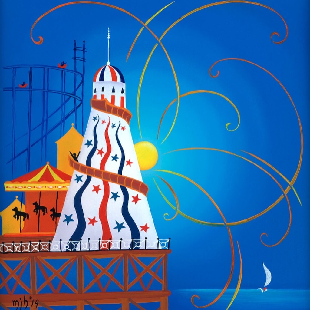 Image is of a painting originally done on glass in a reverse painting technique and depicting the Helter Skelter and Carousel from the end of the Brighton Pier