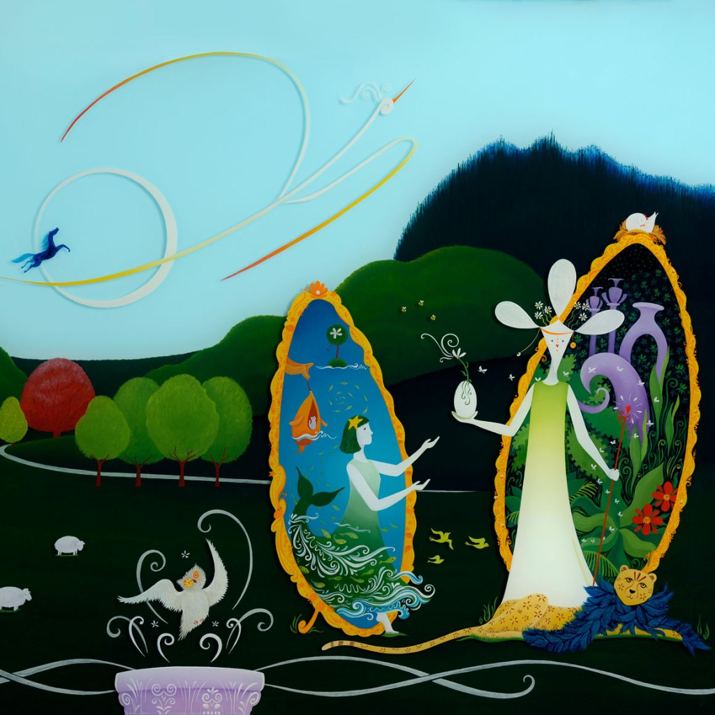 Image features a reverse oils on glass painting depicting two surrealist female images both stepping out of a mirror to meet on the Sussex landscape inspired by the lands around West Dean College. 